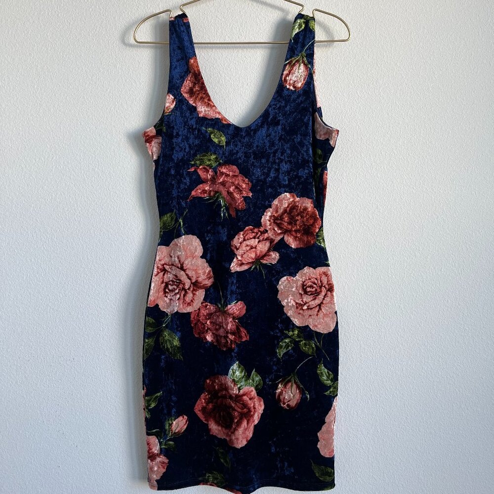 Vintage Retro Glam Crushed Velvet Blue Cocktail Dress with Roses - Size M